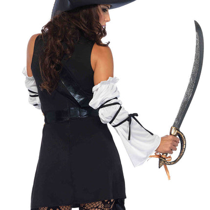 4 PC Black Sea Buccaneer Costume, Includes Dress with Gold Brocade Trim, Sleeves with Wrap Accent, Crossbody Belt, and Matching Hat - Black/Gold - LARGE