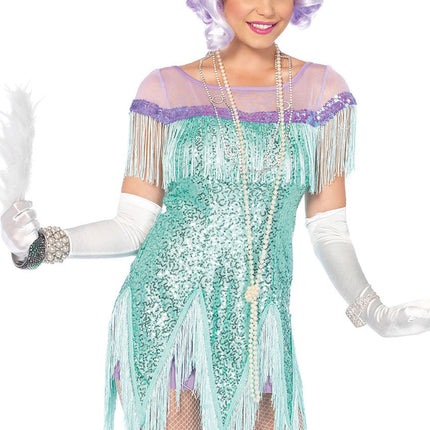 2 PC Foxtrot Flirt Costume, Includes Fringe Trimmed Sequin Dress with Zigzag Hem and Sequin Headband - Aqua - LARGE
