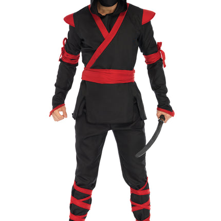 Men's 5 PC Ninja Costume, Includes Shirt and Pants with Attached Wraps, Belt, Face Mask, and Detachable Hood - Black/Red - MED/LGE