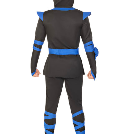 Men's 5 PC Ninja Costume, Includes Shirt and Pants with Attached Wraps, Belt, Face Mask, and Detachable Hood - Black/Blue - X-LARGE