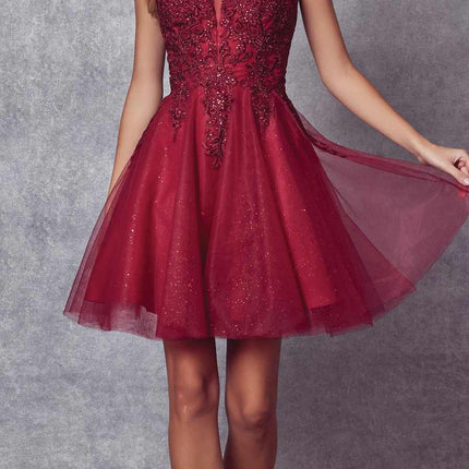 Juliet 857 Embroidered Top Short A-line Glitter Dress