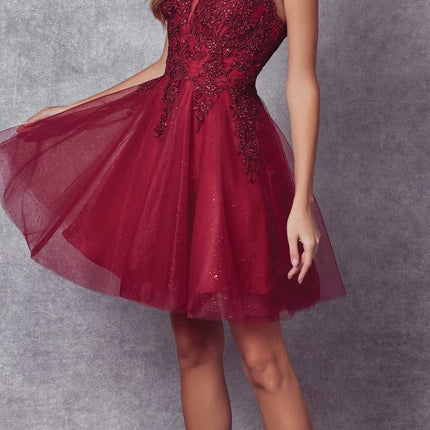 Juliet 857 Embroidered Top Short A-line Glitter Dress