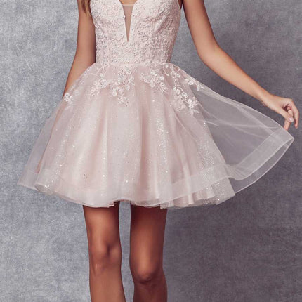Juliet 859 Short Floral Applique Glitter Tulle A-Line Dress