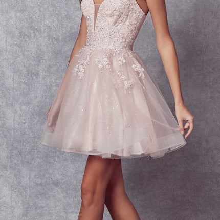 Juliet 859 Short Floral Applique Glitter Tulle A-Line Dress