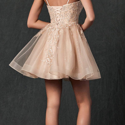 Juliet 859 Short Floral Applique Glitter Tulle A-Line Dress