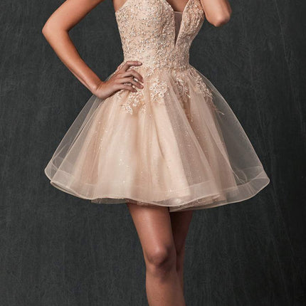 Juliet 859 Short Floral Applique Glitter Tulle A-Line Dress