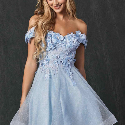 Juliet 861 Floral Embroidered Glitter Mesh Short A-Line Dress