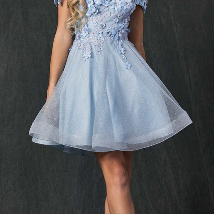 Juliet 861 Floral Embroidered Glitter Mesh Short A-Line Dress