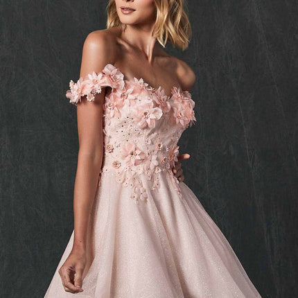 Juliet 861 Floral Embroidered Glitter Mesh Short A-Line Dress