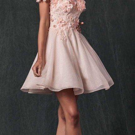 Juliet 861 Floral Embroidered Glitter Mesh Short A-Line Dress
