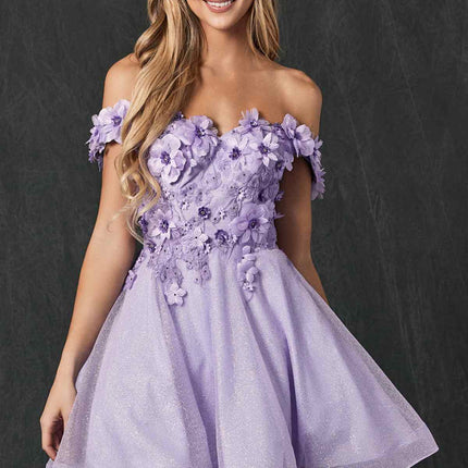 Juliet 861 Floral Embroidered Glitter Mesh Short A-Line Dress