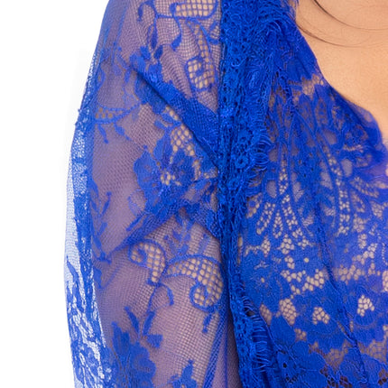 3 PC Floral Lace Teddy with Thong Back, Lace Robe With Scalloped Trim, And Satin Tie - Royal Blue - LARGE