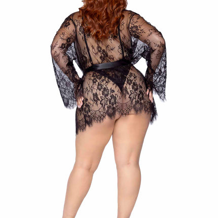 Plus Size 3 PC Floral Lace Teddy with Thong Back, Lace Robe With Scalloped Trim, And Satin Tie - Black - 1X-2X
