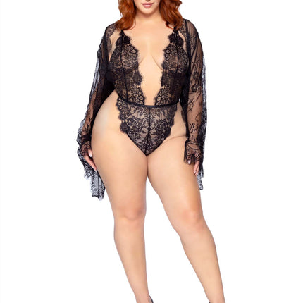Plus Size 3 PC Floral Lace Teddy with Thong Back, Lace Robe With Scalloped Trim, And Satin Tie - Black - 1X-2X