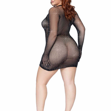 Plus Size Rhinestone Fishnet Gloved Mini Dress - Black - 1X-2X