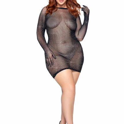 Plus Size Rhinestone Fishnet Gloved Mini Dress - Black - 1X-2X