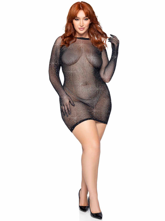 Plus Size Rhinestone Fishnet Gloved Mini Dress - Black - 1X-2X