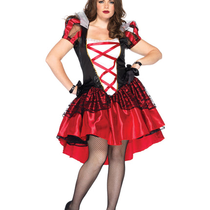 Plus Size 2 PC Royal Red Queen Costume, Includes Satin and Lace Dress with Chiffon Collar and Crown - Black/Red - 3X-4X