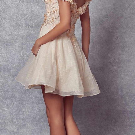 Juliet 861 Floral Embroidered Glitter Mesh Short A-Line Dress