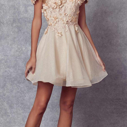 Juliet 861 Floral Embroidered Glitter Mesh Short A-Line Dress