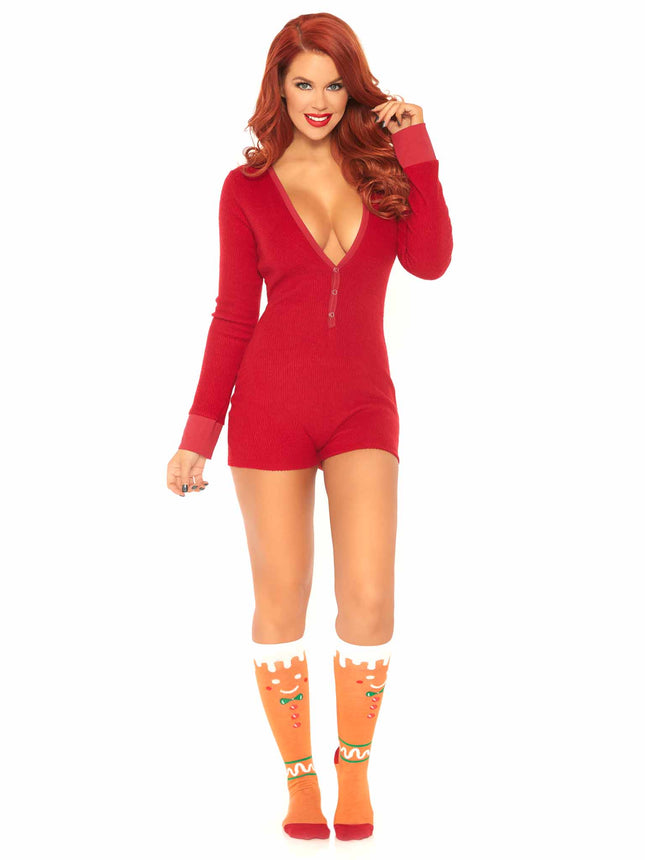 Brushed Rib Romper Long Johns with Cheeky Snap Closure Back Flap - Red - MED/LGE