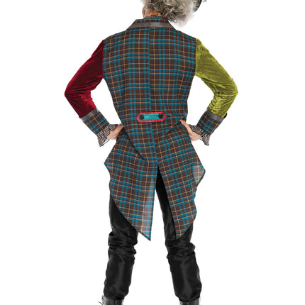 Men's 3 PC Deluxe Mad Hatter Costume, Includes Multi Print Jacket with Chain Detail and Velvet Sleeves, Neck Tie Dickie, and Top Hat with Playing Card Patch Accents - Multicolor - MEDIUM