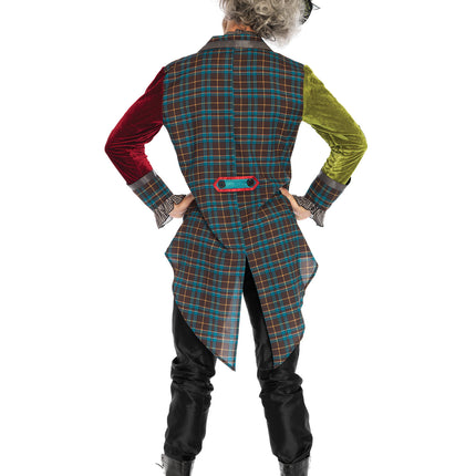 Men's 3 PC Deluxe Mad Hatter Costume, Includes Multi Print Jacket with Chain Detail and Velvet Sleeves, Neck Tie Dickie, and Top Hat with Playing Card Patch Accents - Multicolor - X-LARGE