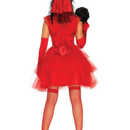 2 PC Beetle Bride Costume, Includes Satin And Lace Dress with Tiered Tulle Skirt, Attached Back Bow, and Matching Lace Veil - Red - SMALL