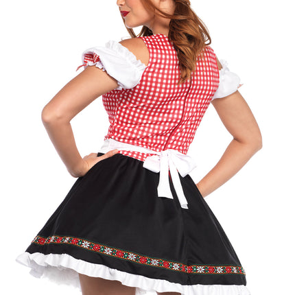 1 PC Beer Garden Babe Costume, Includes Gingham Peasant Dress with Lace Up Detail and Cold Shoulder Accent, Attached Apron, and Floral Ribbon Trim - Multicolor - SMALL