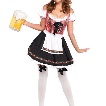 1 PC Beer Garden Babe Costume, Includes Gingham Peasant Dress with Lace Up Detail and Cold Shoulder Accent, Attached Apron, and Floral Ribbon Trim - Multicolor - SMALL