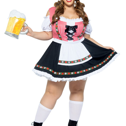 Plus Size 1 PC Beer Garden Babe Costume, Includes Gingham Peasant Dress with Lace Up Detail and Cold Shoulder Accent, Attached Apron, and Floral Ribbon Trim - Multicolor - 1X-2X
