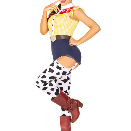 3 PC Giddy Up Cowgirl Costume, Includes Western Romper With Attached Cow Print Leggings, Belt, and Bandana - Multicolor - SMALL