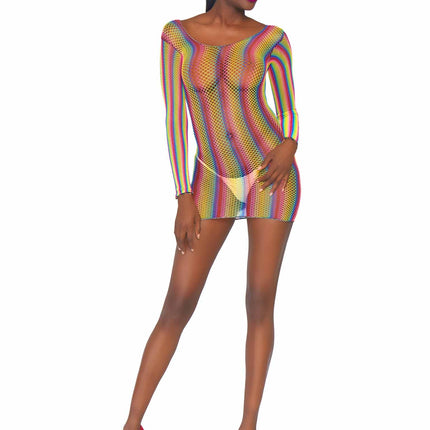 Rainbow Fishnet Long Sleeved Mini Dress - Multicolor - O/S