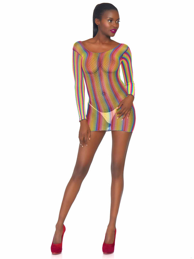 Rainbow Fishnet Long Sleeved Mini Dress - Multicolor - O/S