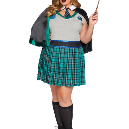 Plus Size 2 PC Sinister Spellcaster Costume, Includes Dress with Badge Accents and Cape with Attached Tie - Multicolor - 1X-2X