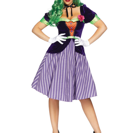 2 PC Comic Book Baddie Costume, Includes Velvet Coat Dress with Striped Skirt and Lapel Flower, Attached Ribbon Sash, and Ribbon Neck Tie - Multicolor - SMALL