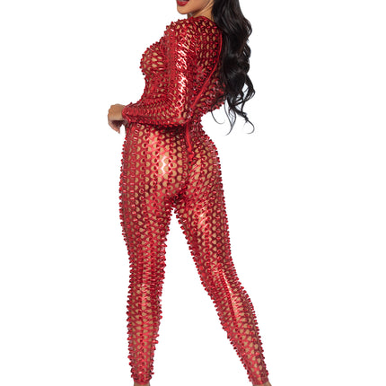 Laser Cut Metallic Catsuit - Red - X-LARGE