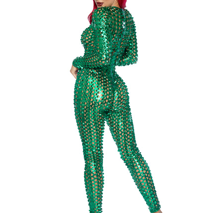 Laser Cut Metallic Catsuit - Green - LARGE