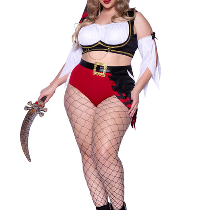 Plus Size 4 PC Wicked Pirate Wench Costume, Includes Peasant Top with Chain Accent, Tattered Split Sleeves, Head Scarf, and High Waist Shorts with Attached Pirate Flag - Multicolor - 1X-2X
