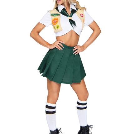 3 PC Sexy Scout Costume, Includes Top with Attached Vest and Badge Accents, Neckerchief, and Pleated Skirt - Multicolor - XS