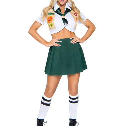 3 PC Sexy Scout Costume, Includes Top with Attached Vest and Badge Accents, Neckerchief, and Pleated Skirt - Multicolor - XS