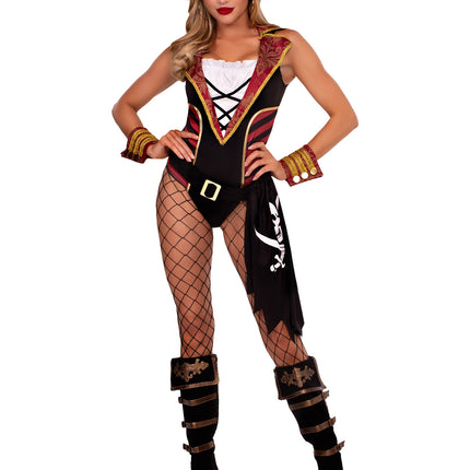 4 PC Sultry Swashbuckler Costume, Includes Bodysuit with Brocade Accents, Pirate Flag Belt, Wrist Cuffs, and Brocade Pirate Hat - Multicolor - XS