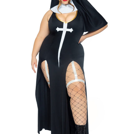 Plus Size 3 PC Sultry Sinner Costume, Includes Dual Slit Garter Dress with Vinyl Cross Detail, Vinyl Collar, and Nun Habit - Blk/White - 3X-4X