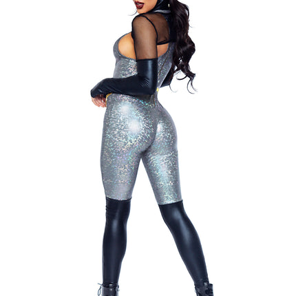 4 PC Feline Felon Costume, Includes Holographic Catsuit with Boot Detail, Fishnet Gloved Shrug, Cat Ear Skull Cap, and Belt - Blk/Silver - MEDIUM