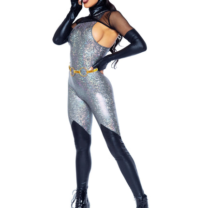 4 PC Feline Felon Costume, Includes Holographic Catsuit with Boot Detail, Fishnet Gloved Shrug, Cat Ear Skull Cap, and Belt - Blk/Silver - MEDIUM