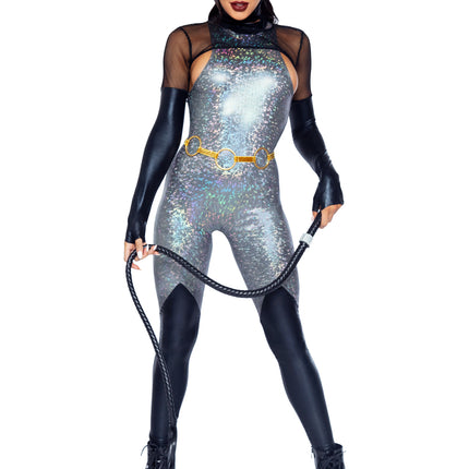 4 PC Feline Felon Costume, Includes Holographic Catsuit with Boot Detail, Fishnet Gloved Shrug, Cat Ear Skull Cap, and Belt - Blk/Silver - MEDIUM