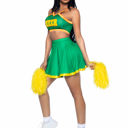 3 PC Bring It Baddie, Includes Top with Cheer Logo, Pleated Skirt, and Pom-Poms - Green - XS