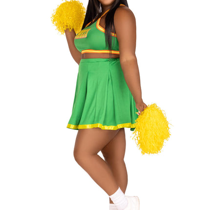 Plus Size 3 PC Bring It Baddie, Includes Top with Cheer Logo, Pleated Skirt, and Pom-Poms - Green - 3X-4X