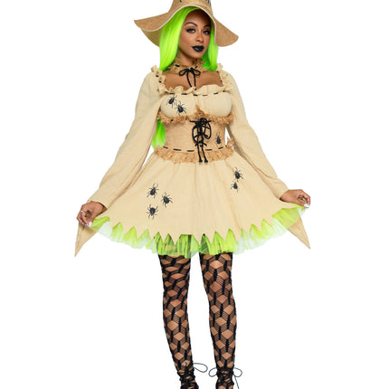 3 PC Bugged Out Baddie Costume, Includes Dress with Waist Cincher Detail and Gloved Sleeve, Choker, and Hat with Spider Accent - Tan - MEDIUM
