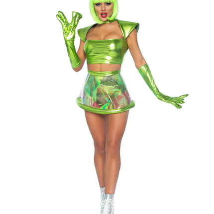 5 PC Beam Me Up Babe Costume, Includes Metallic Lame Crop Top, Iridescent Clear Skirt, High Waist Panty, Alien Gloves, and Googly-Eye Headband - Green - MEDIUM